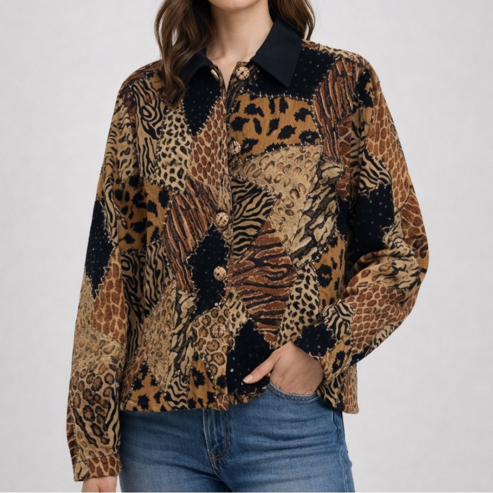 Moka Vintage Sequence Animal Print Patchwork Button Down Large Jacket
